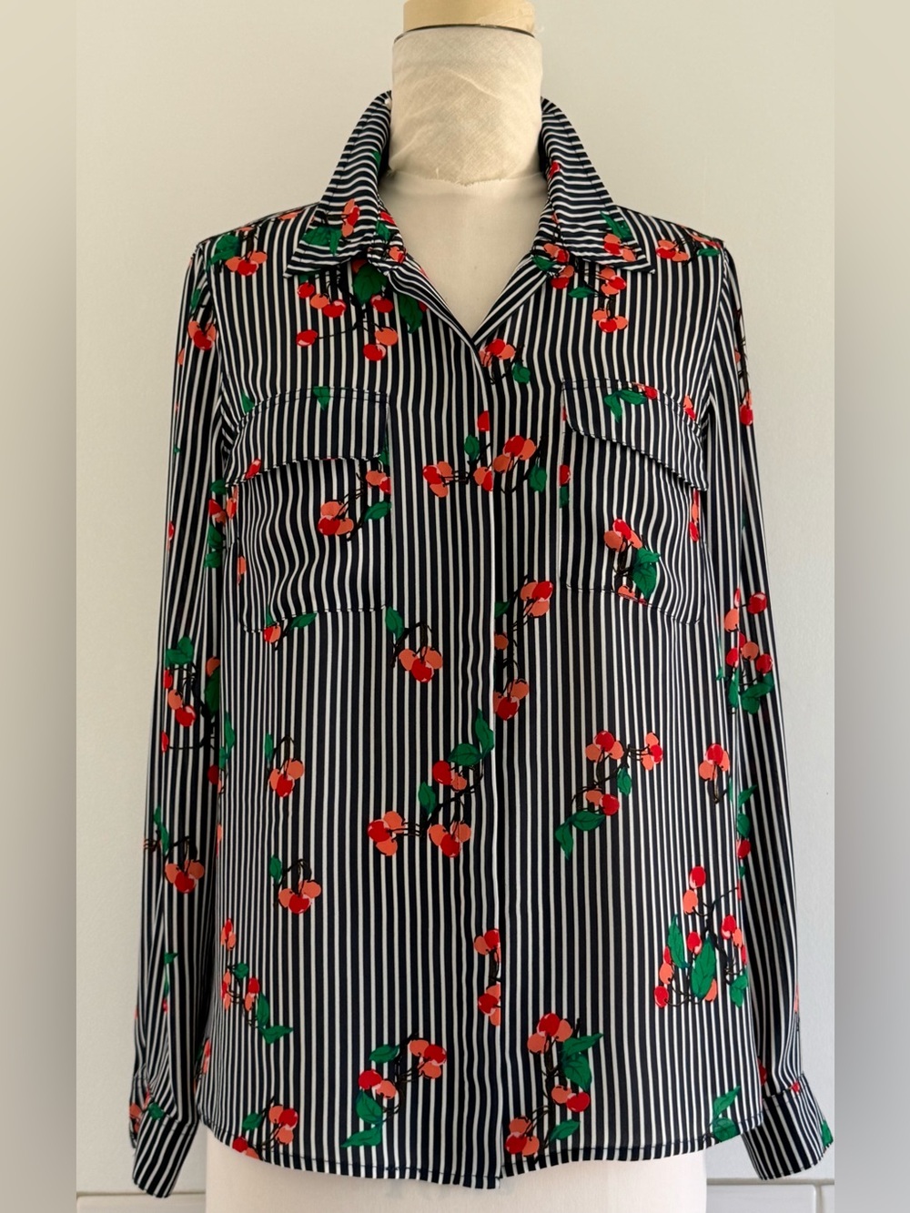 Fever Deep Navy & White Striped Button-Down Shirt with Red Cherry Print Sz: M